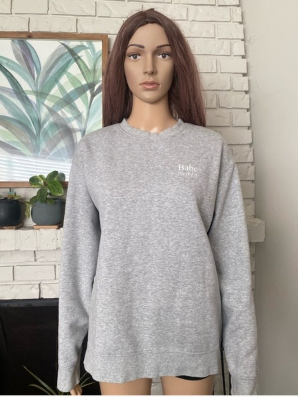 Brunette The Label Pullover Sweater Medium Gray Babe Crew Neck Sweatshirt